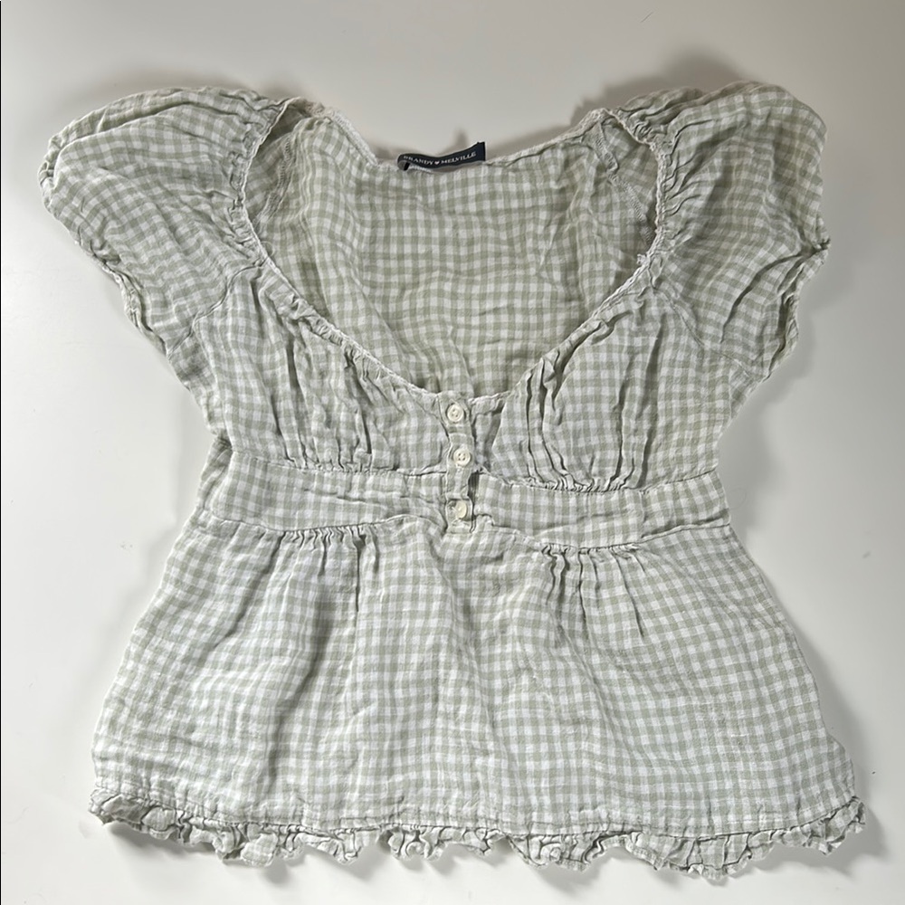 Brandy Melville White and Light Green Gingham Button Blouse